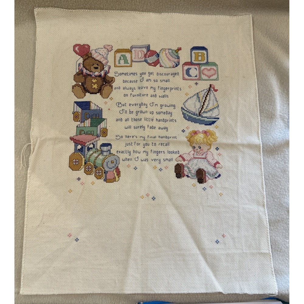 Vintage Finished Cross stitched Baby Nursery Poem for Adding Handprints Gift